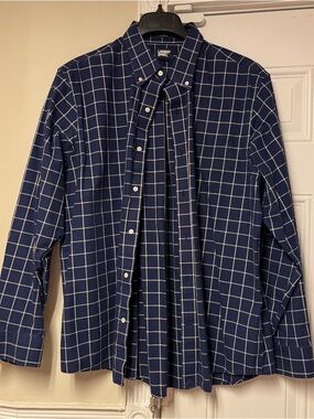 Lands' End Men's Navy Windowpane Button-Down Shirt with White Grid